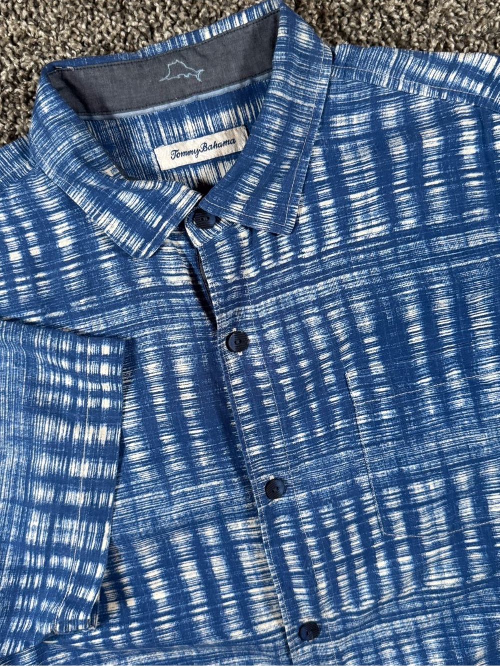 Tommy Bahama Men's Daybreak Batik Short Sleeve Silk Shirts Navy Blue Large
